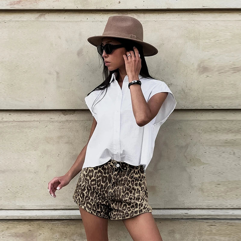 Zoe | Denim Leopard Shorts